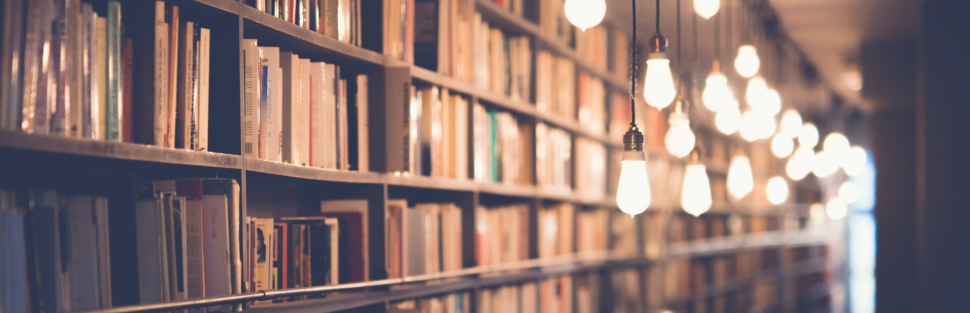 langes Bücherregal mit großen leuchtenden Glübirnen davor